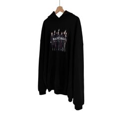 [M] 발렌시아가 남성 아트워크 리얼 로고 라지핏 후드 티셔츠 블랙